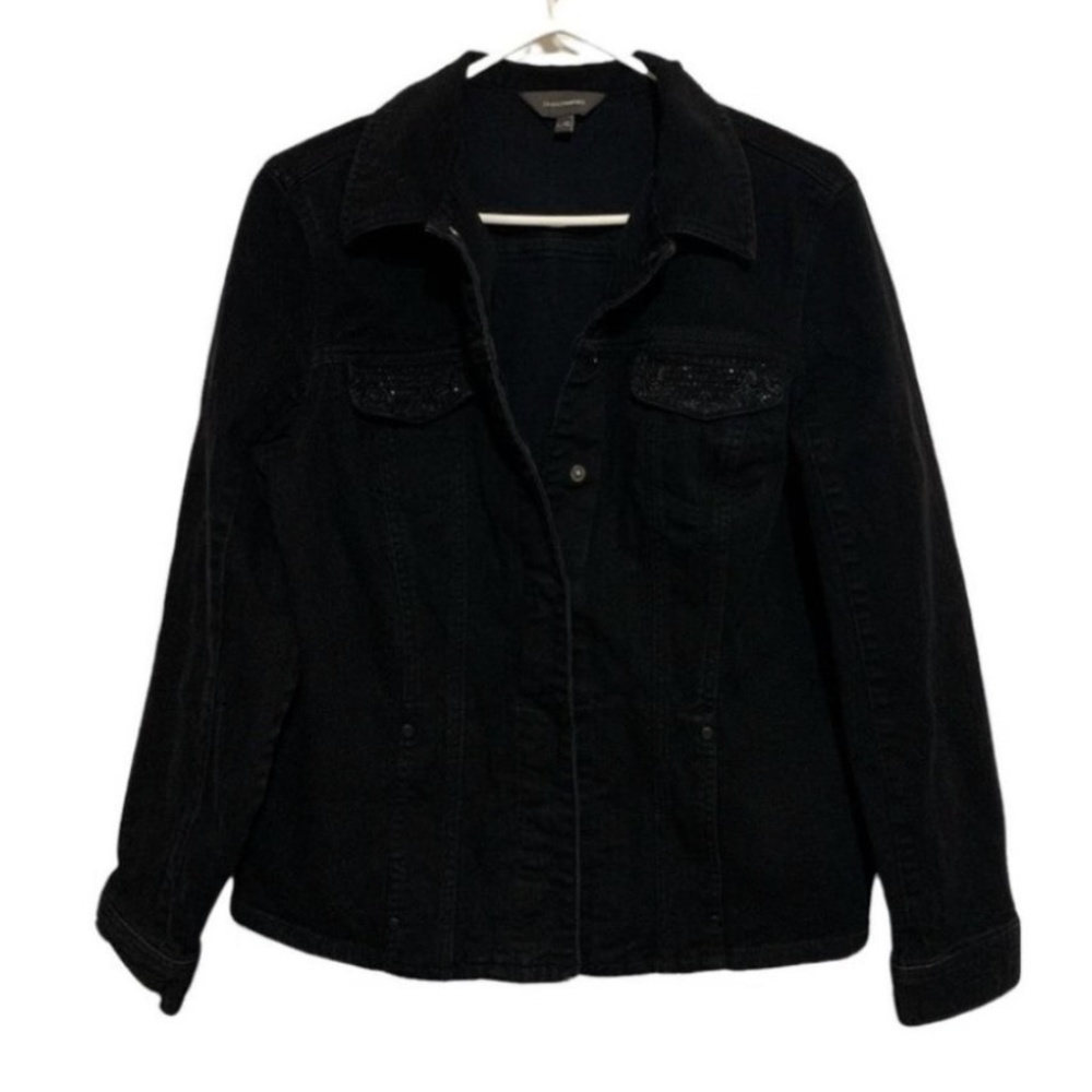 3/$30 Denver Hayes rugged Black denim jean jacket sparkled pockets snap